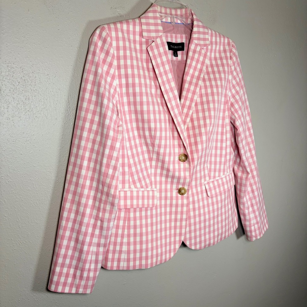 Talbots Pink White Gingham Cotton Blend Blazer Jacket Size 4 Striped Lining - Picture 3 of 11
